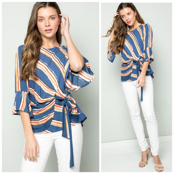 🥰LAST 1! Woven Striped Front Tie Ruffle Top! - Picture 2 of 5